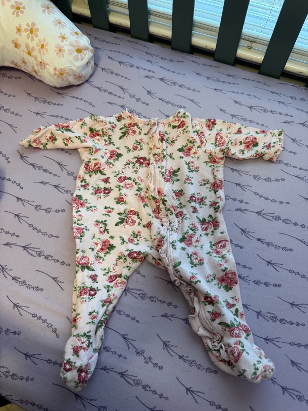 Little Me Cream Floral Footed One-Piece with Pink Rose Print